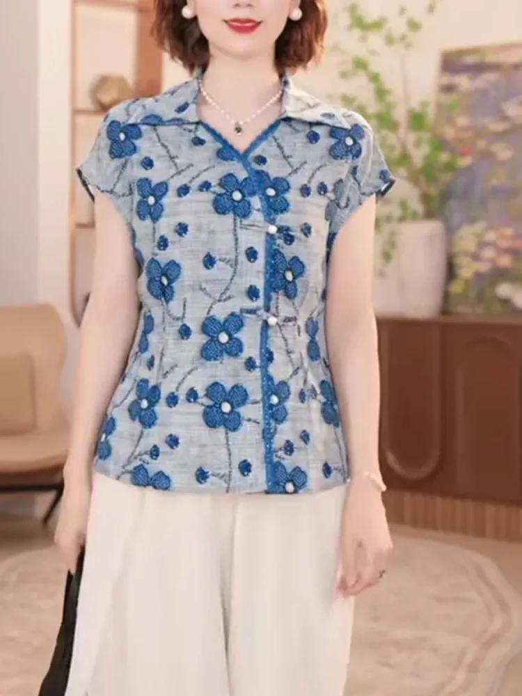 FADFAD Atasan kemeja lengan pendek motif bunga dan cocok untuk wanita
