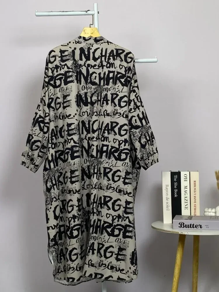 ASAYA Gaun panjang longgar kasual tipis bermotif dengan desain mode elegan