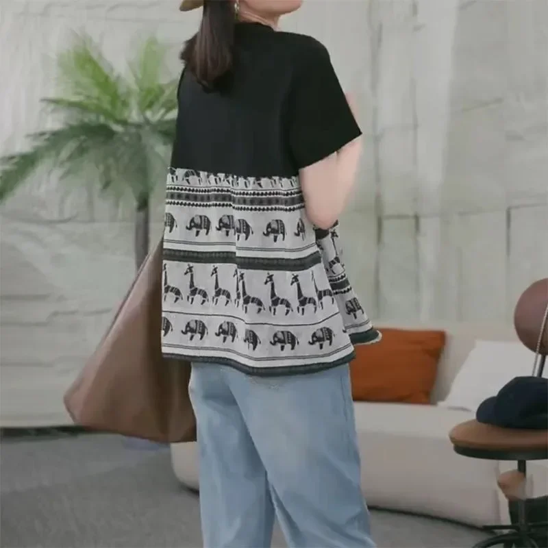 ASAYA Atasan kaos kerah bulat lengan pendek dan bermotif unik