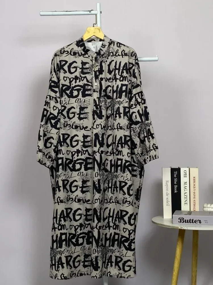 ASAYA Gaun panjang longgar kasual tipis bermotif dengan desain mode elegan