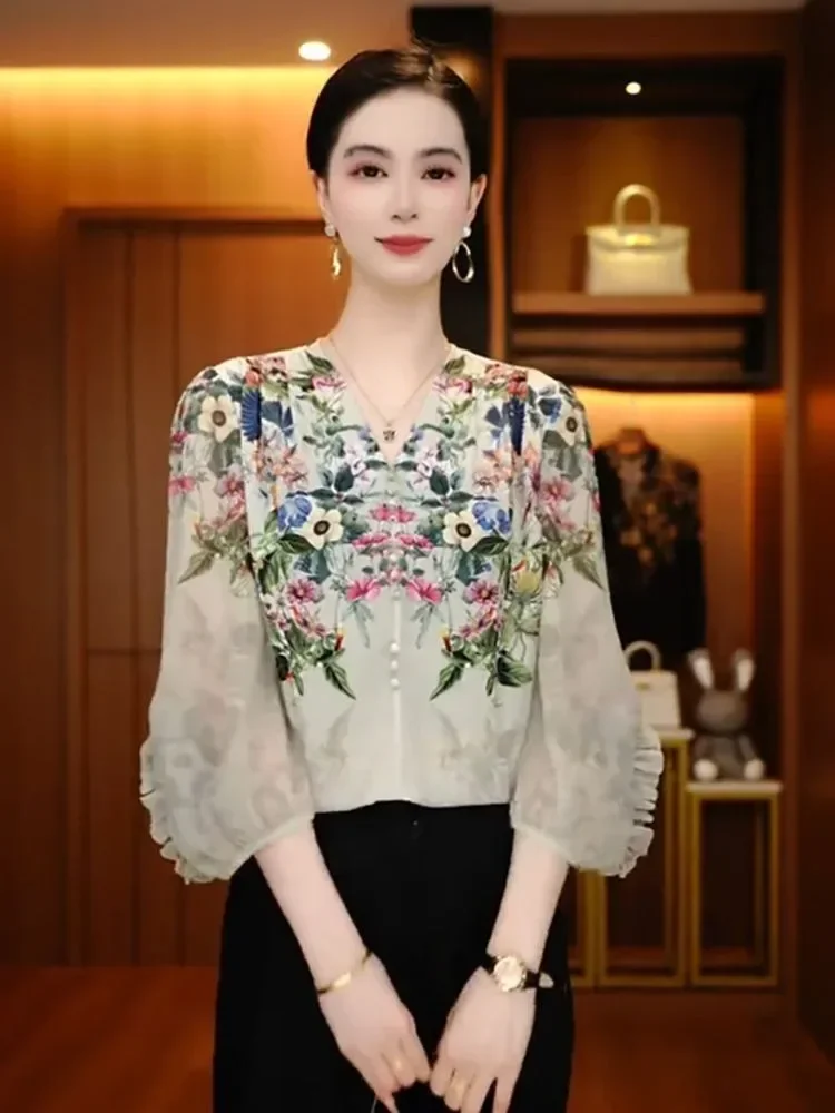 FADFAD Atasan kemeja motif bunga cantik gaya baru dan leher v