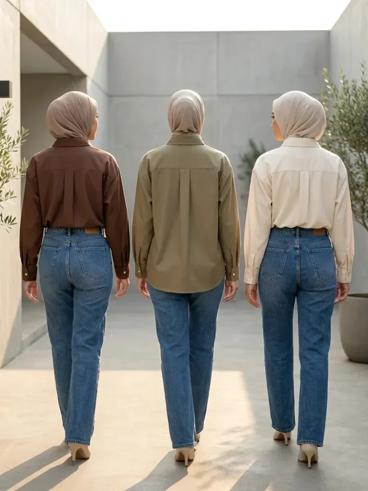 ASAYA Kemeja wanita longgar lengan panjang warna solid bordir motif lucu
