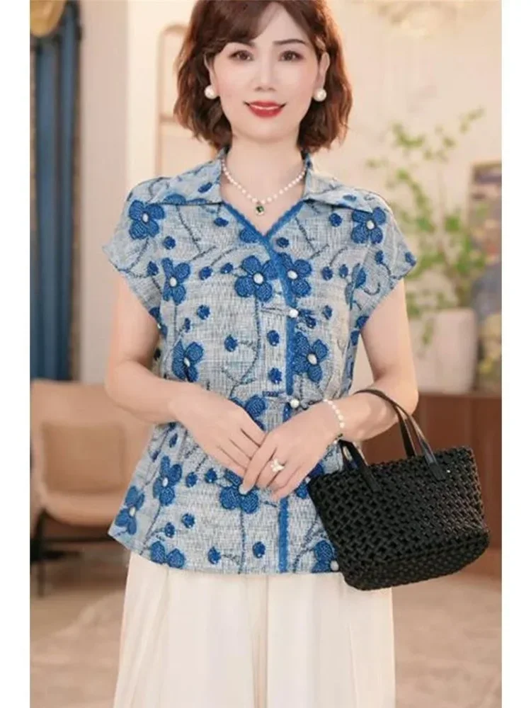 FADFAD Atasan kemeja lengan pendek motif bunga dan cocok untuk wanita