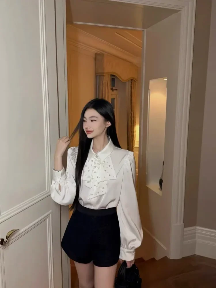 FADFAD Atasan wanita kerah leher pita dengan mutiara membuat elegant manis