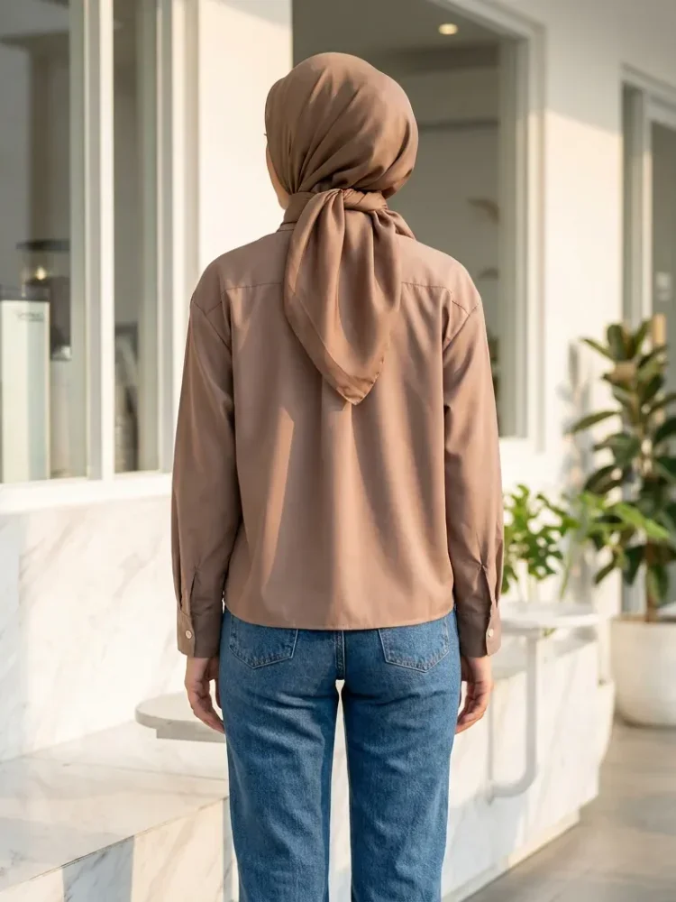ASAYA Kemeja wanita longgar lengan panjang warna solid bordir motif lucu