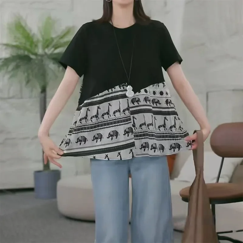 ASAYA Atasan kaos kerah bulat lengan pendek dan bermotif unik