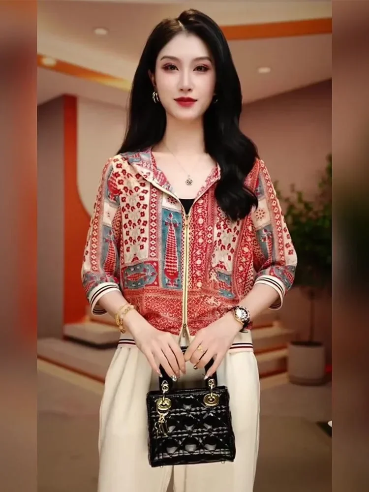 [READY STOCK]FADFAD Atasan kemeja lengan tiga perempat dengan motif cetak untuk wanita