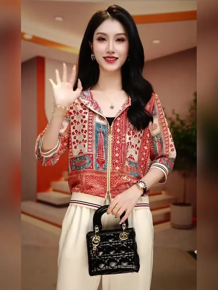 [READY STOCK]FADFAD Atasan kemeja lengan tiga perempat dengan motif cetak untuk wanita