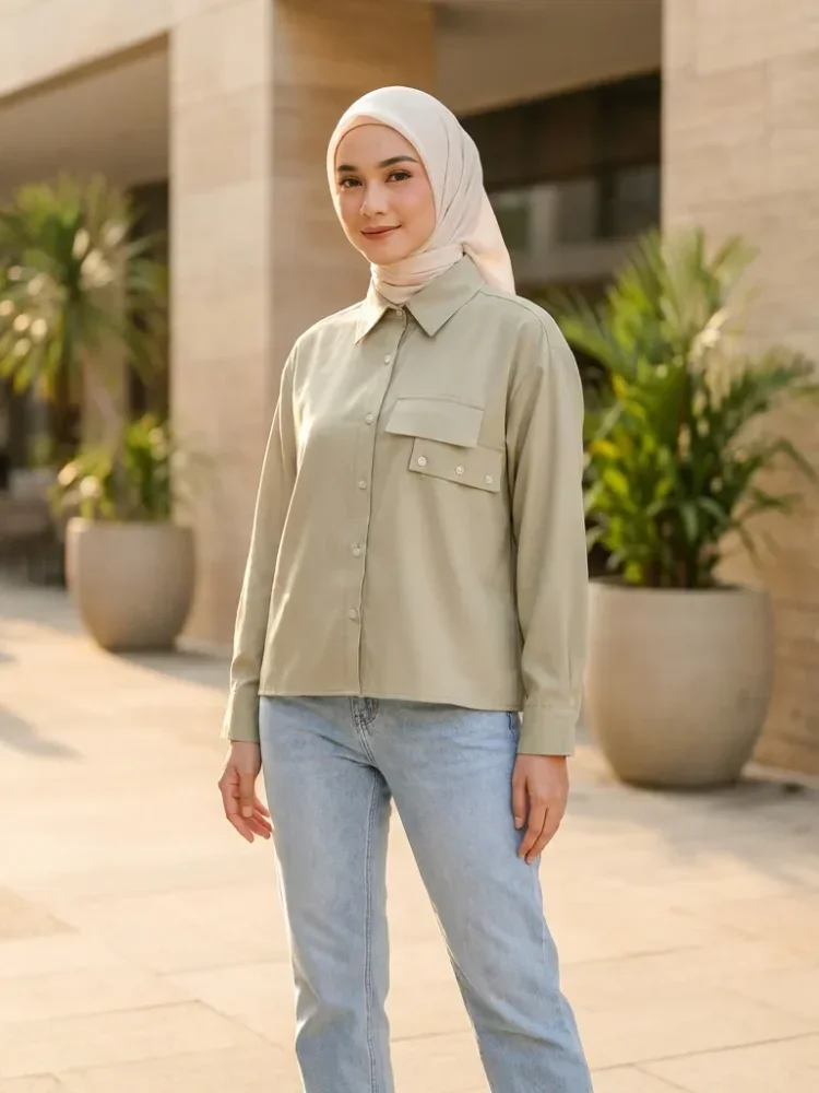 ASAYA Kemeja wanita longgar lengan panjang warna solid bordir motif lucu