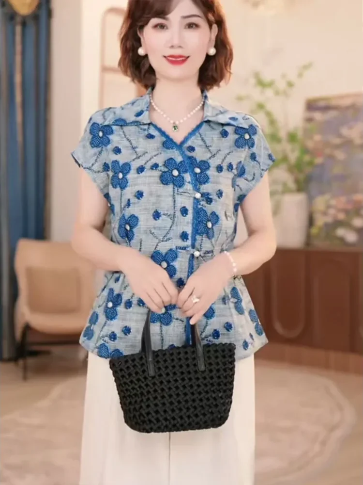 FADFAD Atasan kemeja lengan pendek motif bunga dan cocok untuk wanita