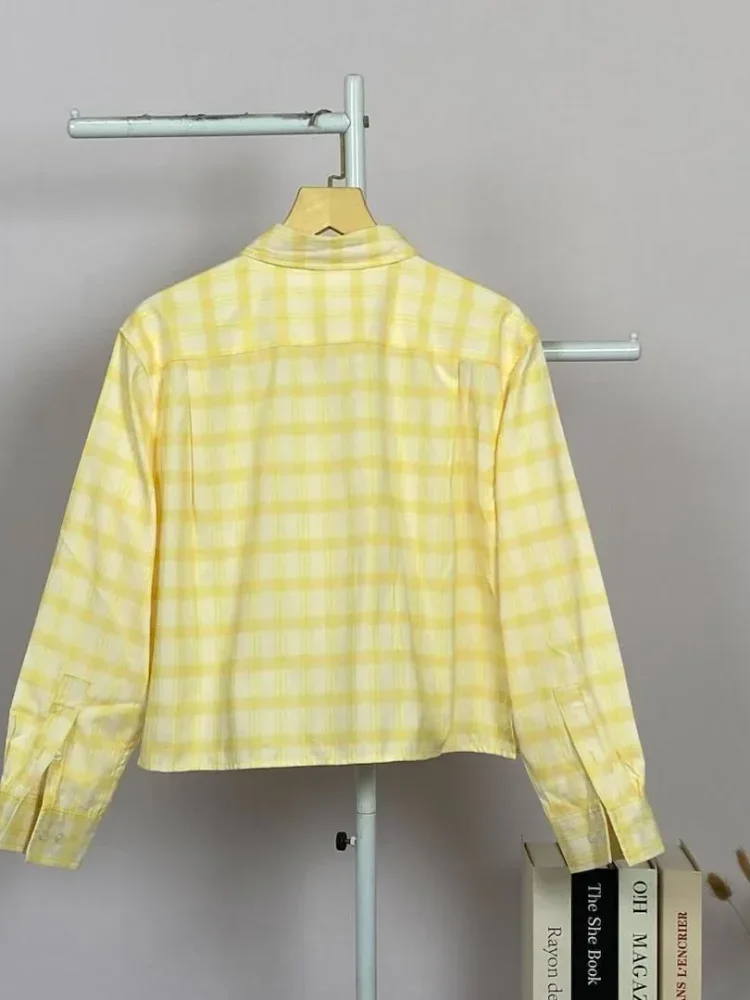 ASAYA Atasan kemeja kancing sebaris kerah polo motif kotak-kotak gaya retro baru