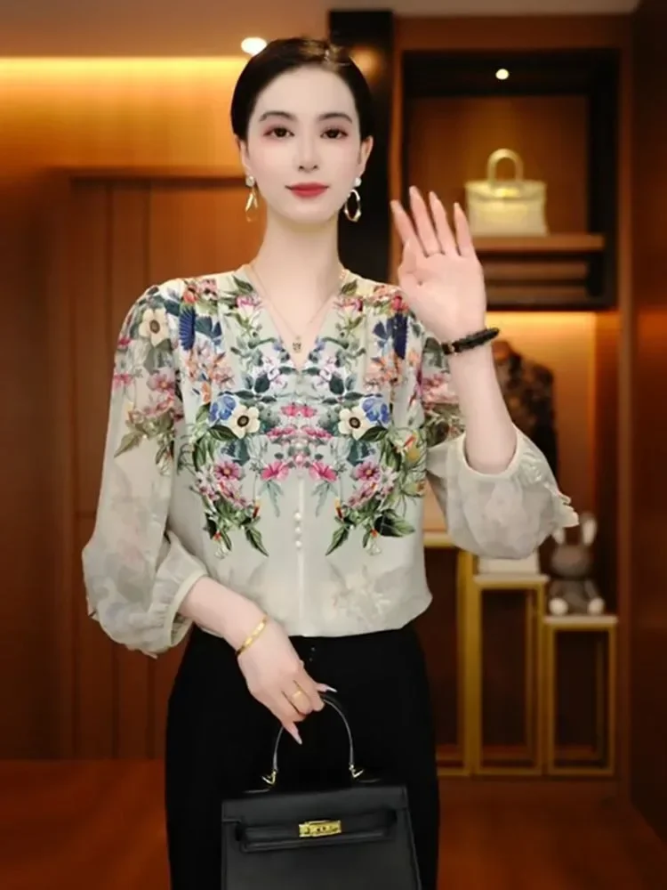 FADFAD Atasan kemeja motif bunga cantik gaya baru dan leher v