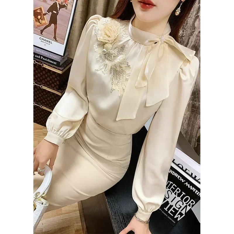 FADFAD Atasan kemeja kerah tie neck dengan lengan panjang dan gaya mewah