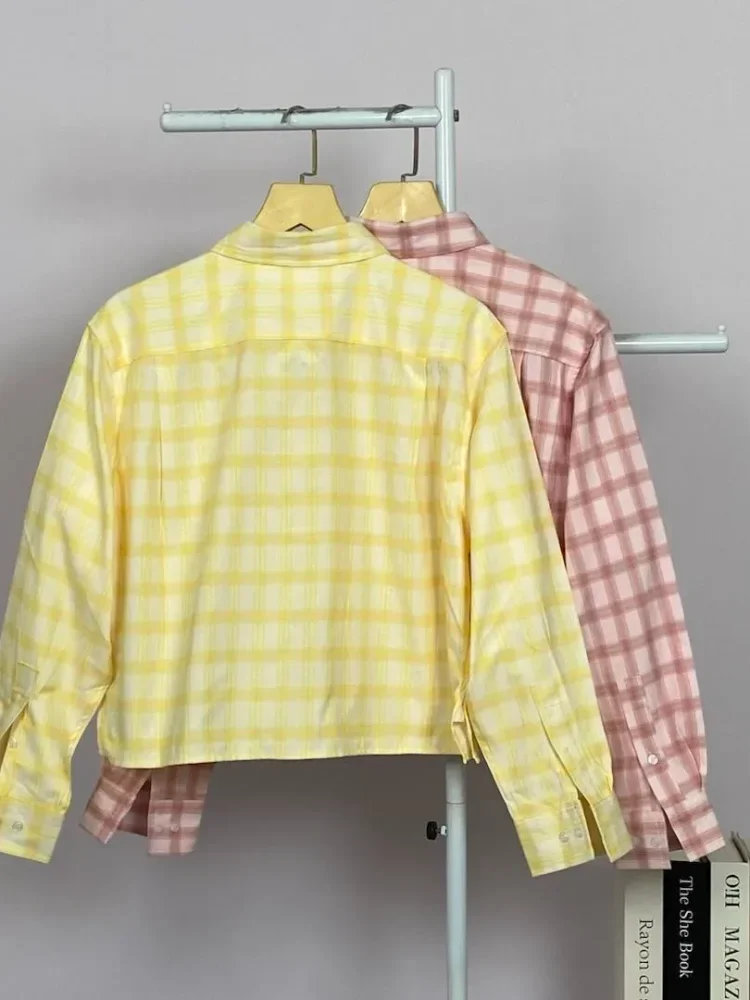 ASAYA Atasan kemeja kancing sebaris kerah polo motif kotak-kotak gaya retro baru