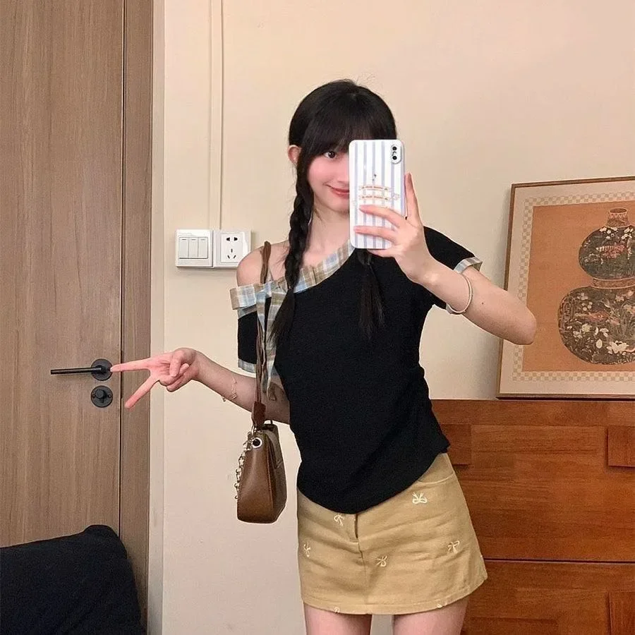 ASAYA Atasan lengan pendek gaya kasual untuk wanita manis