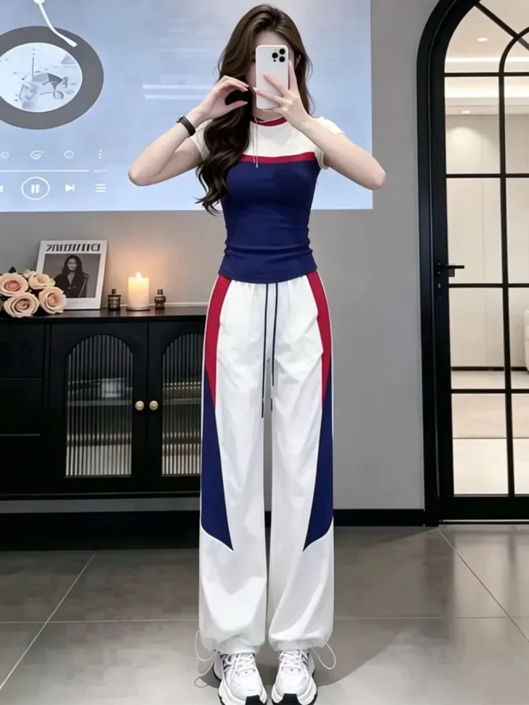 FADFAD Setelan wanita dua potong atasan t-shirt lengan pendek dan celana panjang pinggang elastis