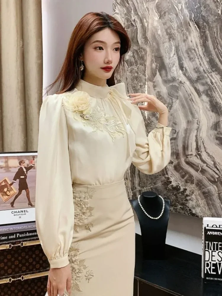 FADFAD Atasan kemeja kerah tie neck dengan lengan panjang dan gaya mewah