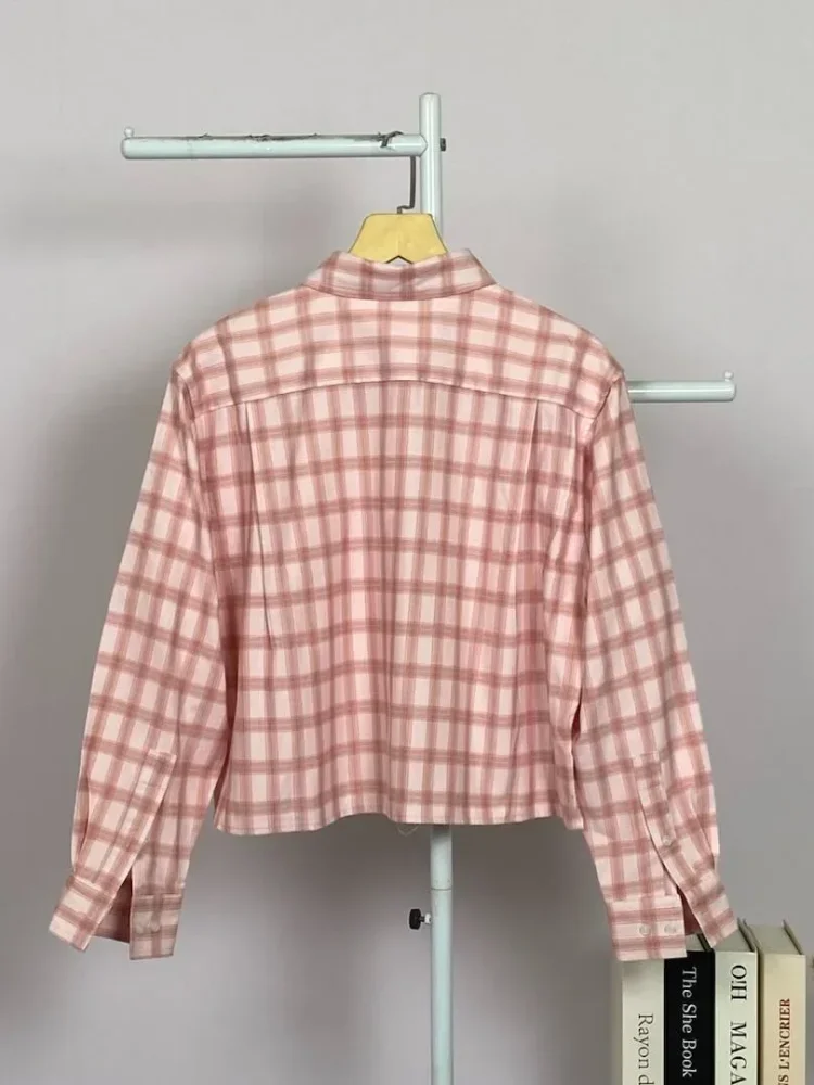 ASAYA Atasan kemeja kancing sebaris kerah polo motif kotak-kotak gaya retro baru