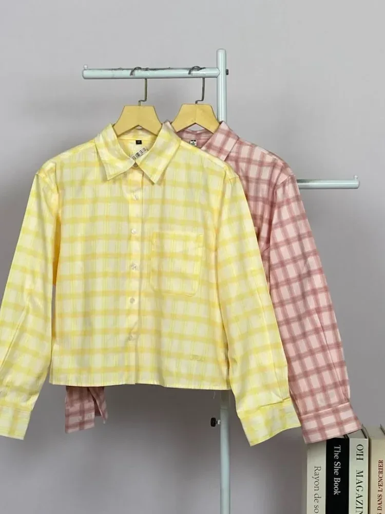 ASAYA Atasan kemeja kancing sebaris kerah polo motif kotak-kotak gaya retro baru
