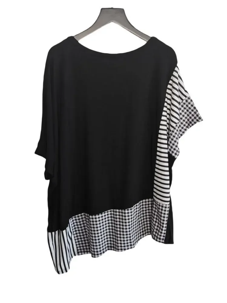 ASAYA Atasan kaos motif kontras lengan pendek dan model longgar wanita