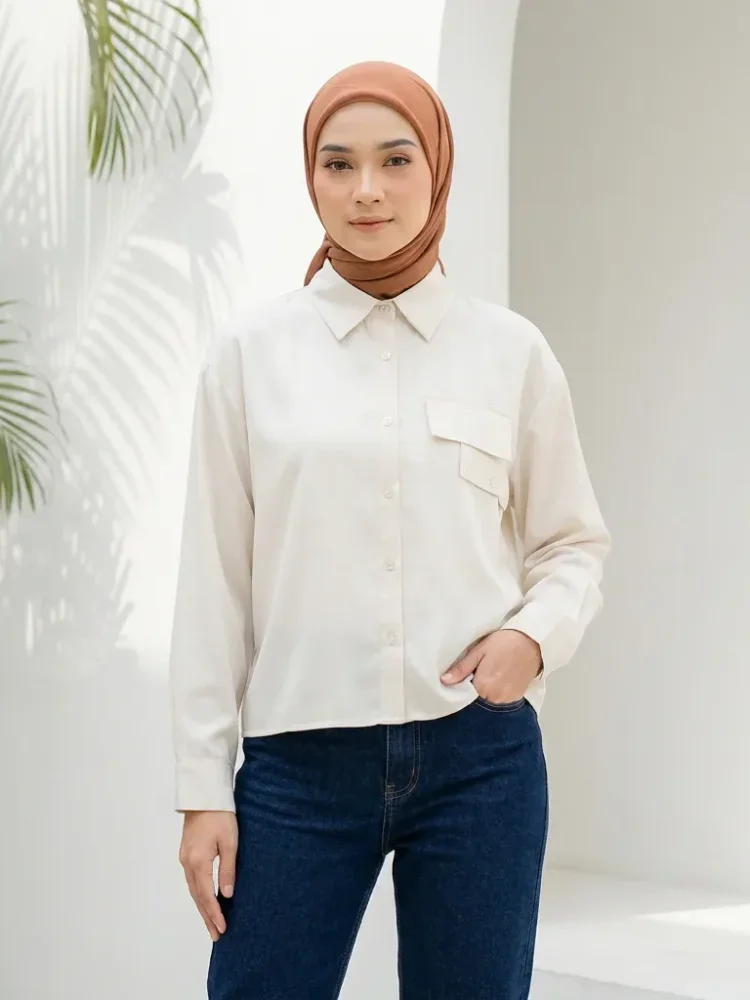 ASAYA Kemeja wanita longgar lengan panjang warna solid bordir motif lucu
