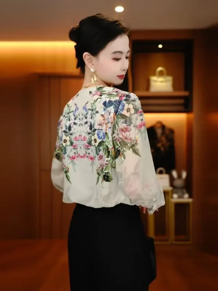 FADFAD Atasan kemeja motif bunga cantik gaya baru dan leher v