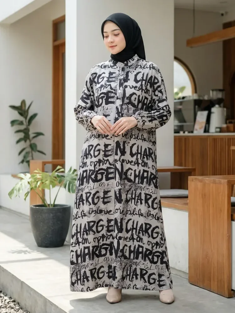 ASAYA Gaun panjang longgar kasual tipis bermotif dengan desain mode elegan