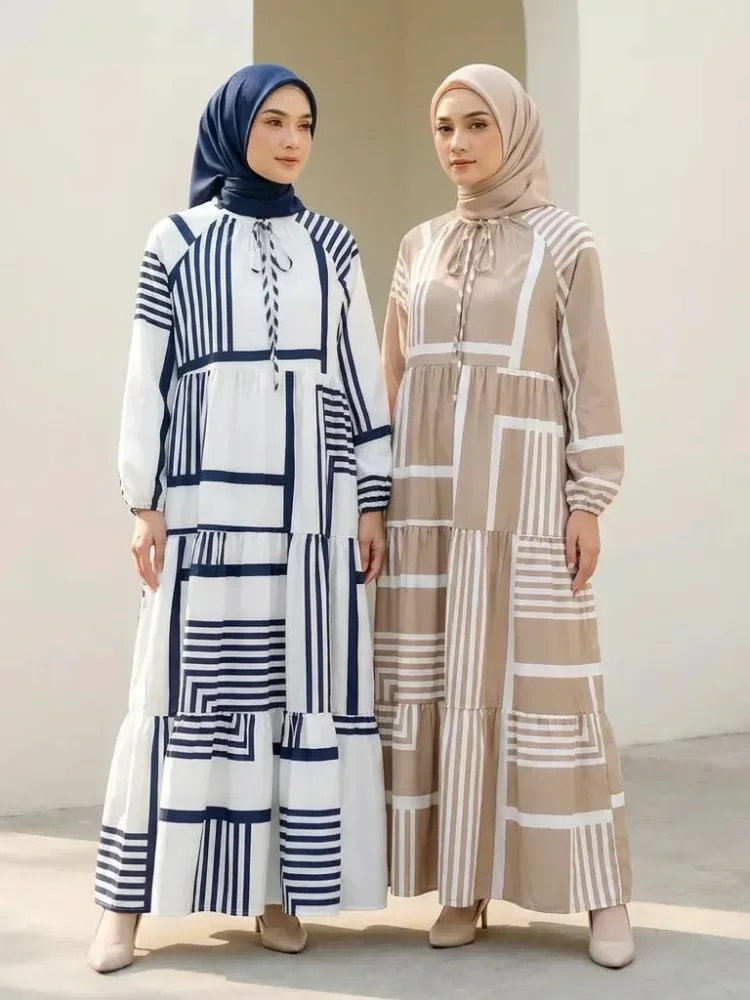 ASAYA Gaun panjang longgar kasual tipis bermotif dengan desain mode elegan