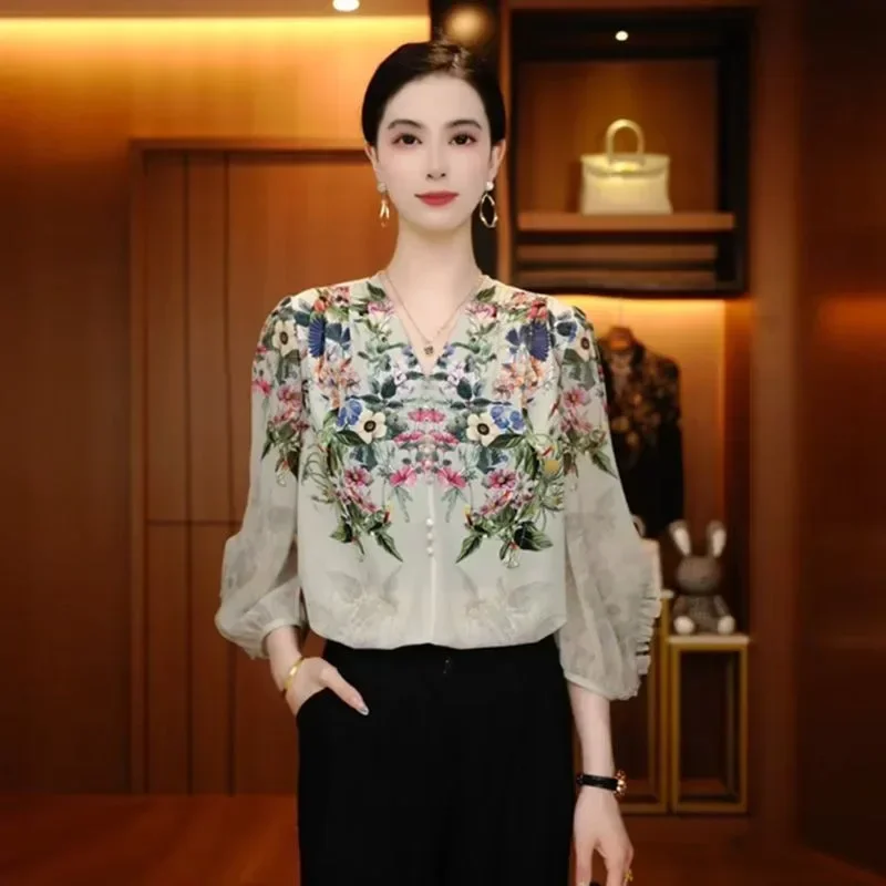 FADFAD Atasan kemeja motif bunga cantik gaya baru dan leher v