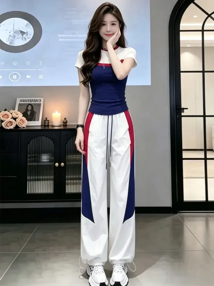 FADFAD Setelan wanita dua potong atasan t-shirt lengan pendek dan celana panjang pinggang elastis