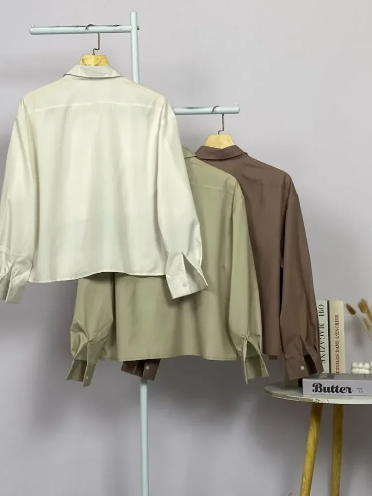 ASAYA Kemeja wanita longgar lengan panjang warna solid bordir motif lucu