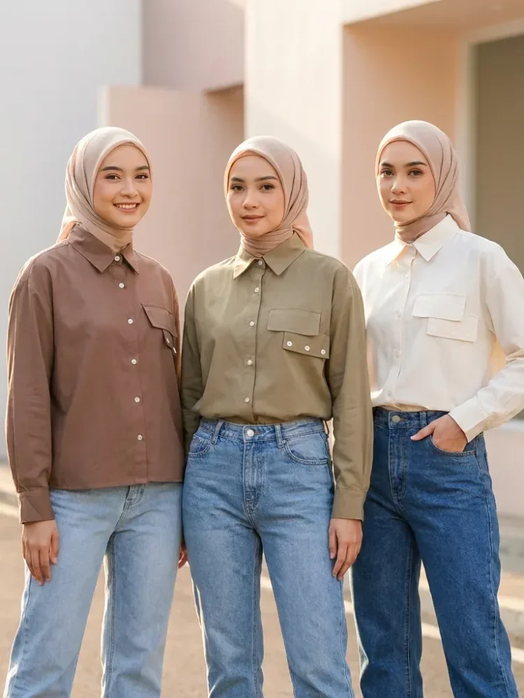 ASAYA Kemeja wanita longgar lengan panjang warna solid bordir motif lucu