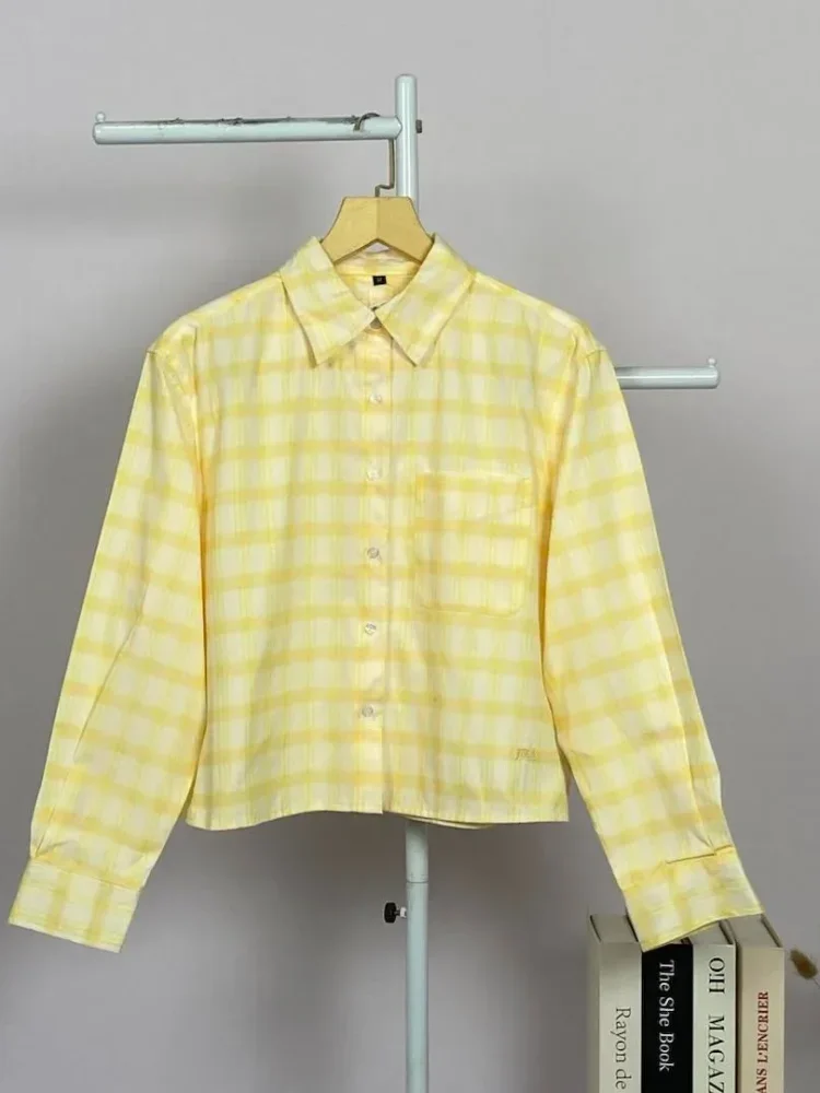ASAYA Atasan kemeja kancing sebaris kerah polo motif kotak-kotak gaya retro baru