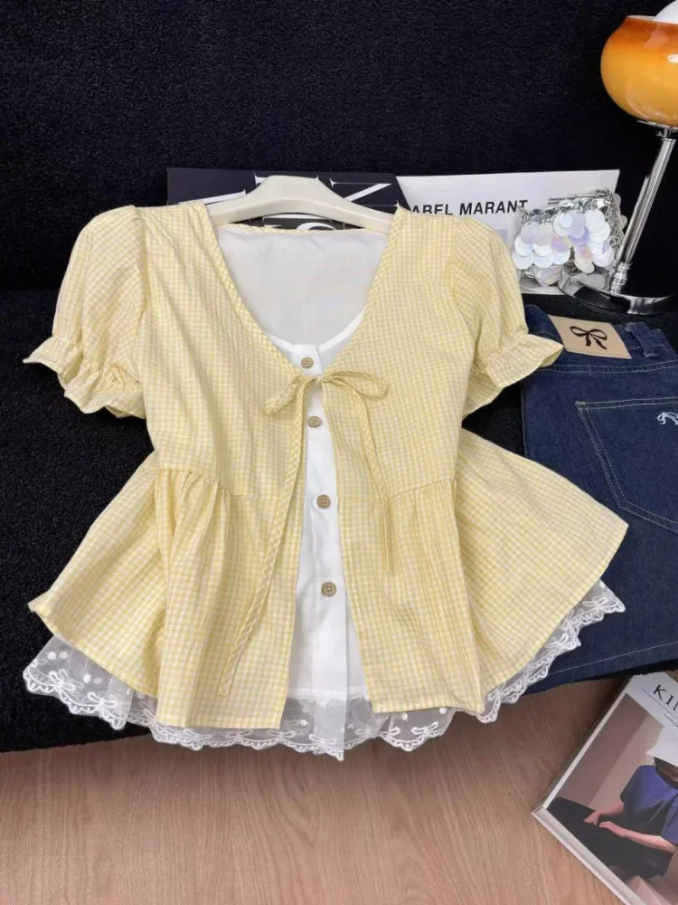 CHICMORE Atasan lengan pendek dengan kerah leher tie neck motif kotak kotak modis