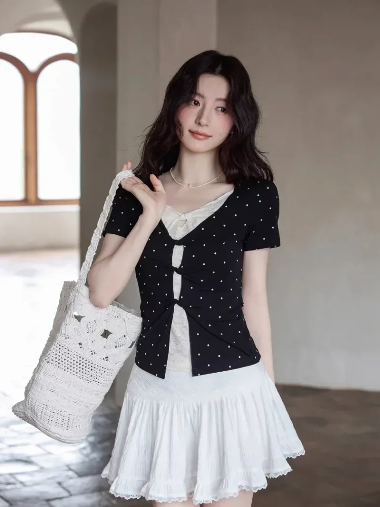 CHICMORE Atasan dua potong palsu lengan pendek t-shirt wanita gaya korea