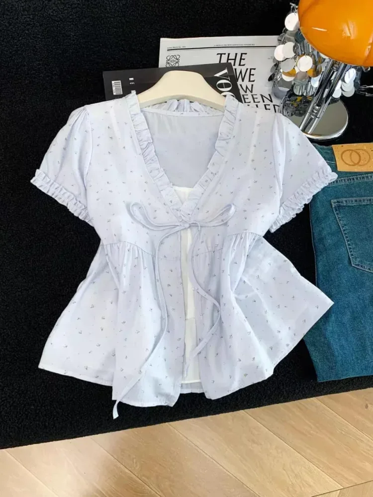 [READY STOCK]CHICMORE Atasan kerah v neck lengan pendek motif cetak gaya kasual wanita