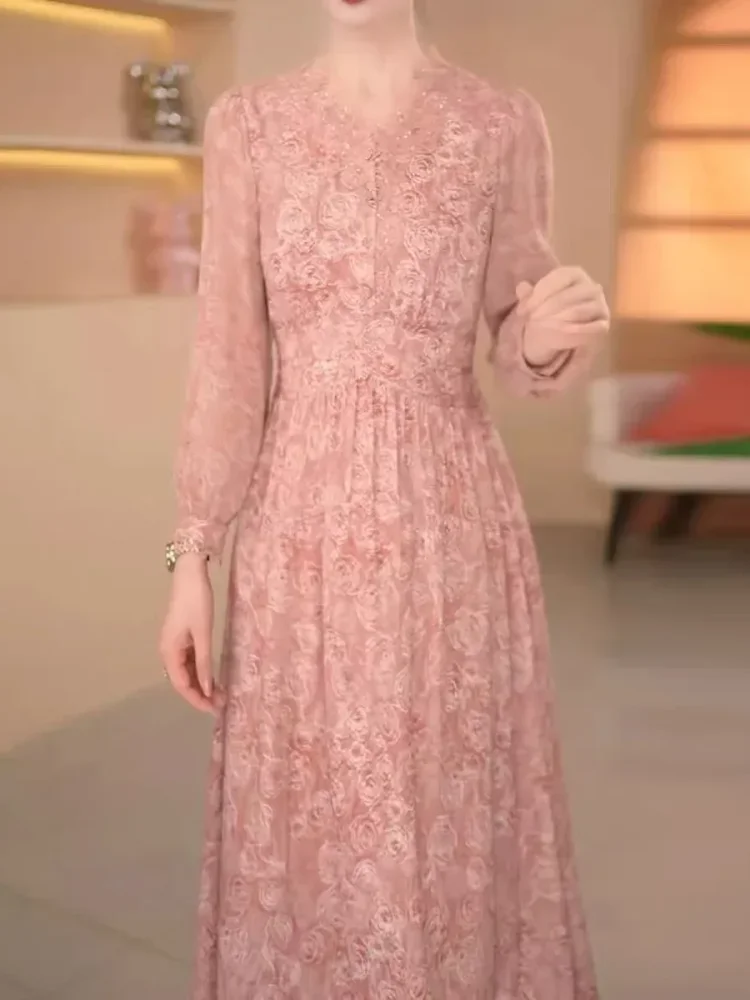 FADFAD Gaun elegan dengan kerah bulat lengan panjang untuk wanita