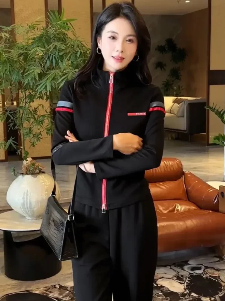 FADFAD Setelan dua potong gaya simpel dengan ritsleting dan celana panjang pinggang elastis