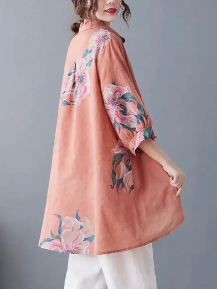 ASAYA Atasan kemeja longgar motif bunga mewah dan kancing sebaris