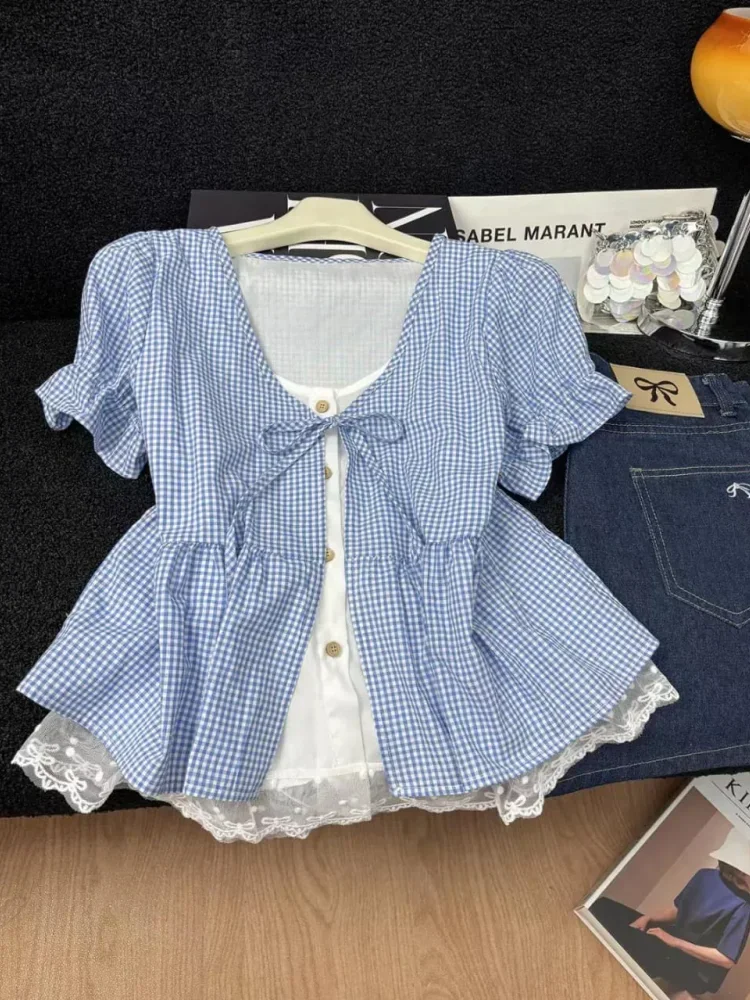 CHICMORE Atasan lengan pendek dengan kerah leher tie neck motif kotak kotak modis