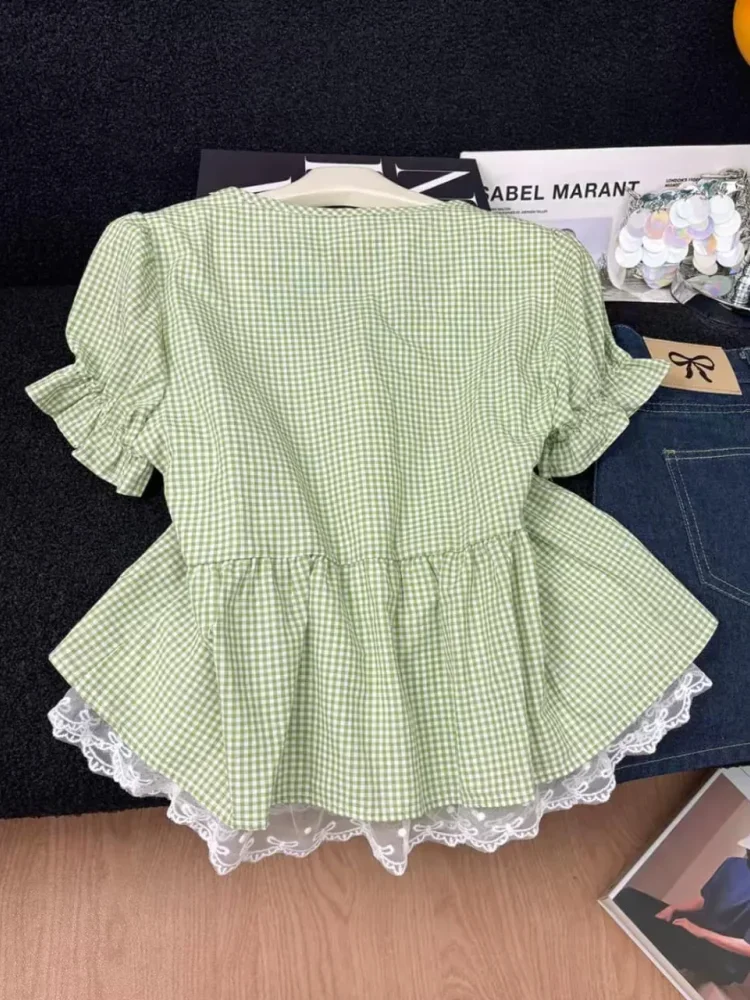 CHICMORE Atasan lengan pendek dengan kerah leher tie neck motif kotak kotak modis