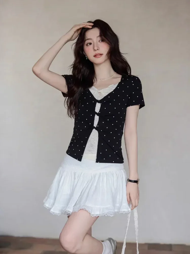 CHICMORE Atasan dua potong palsu lengan pendek t-shirt wanita gaya korea