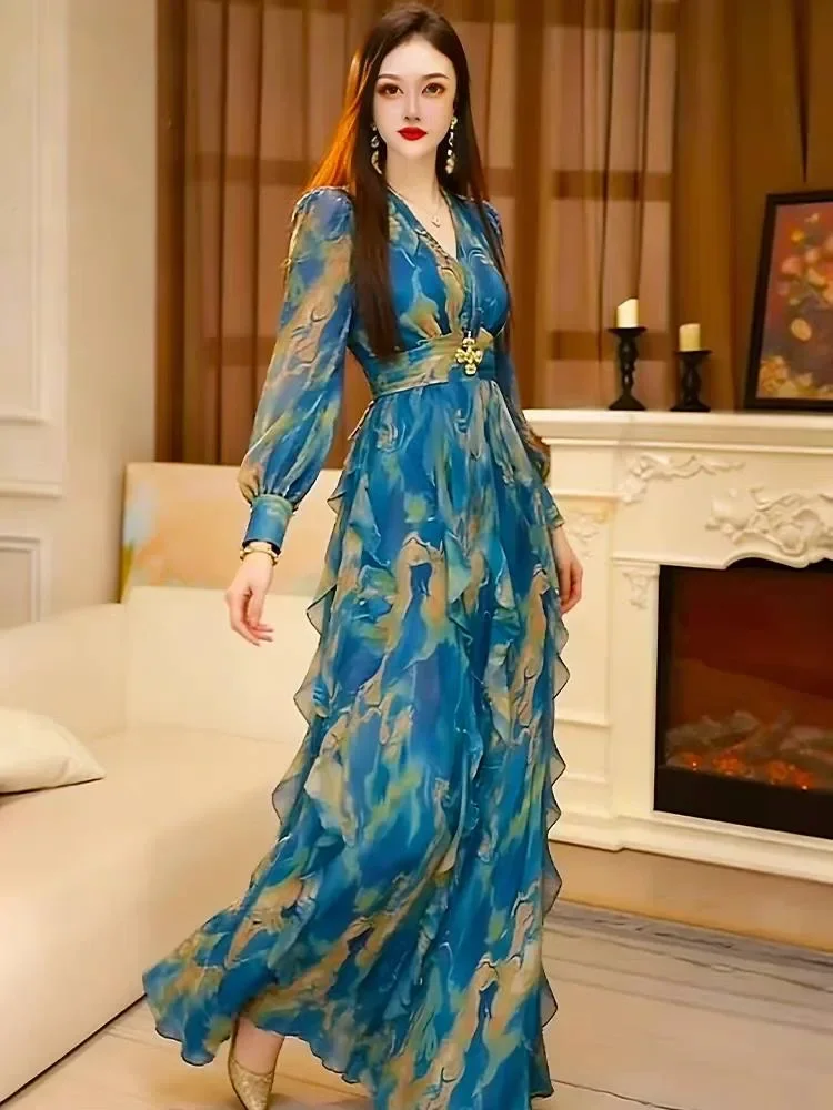 FADFAD Gaun dengan lengan panjang bermotif cetak gaya elegan baru untuk wanita
