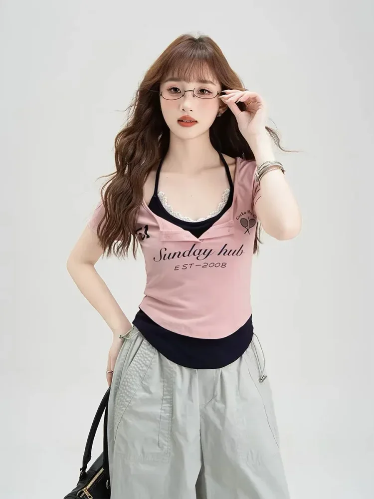 CHICMORE Atasan kaos slim fit gaya trendi lengan pendek cocok untuk wanita