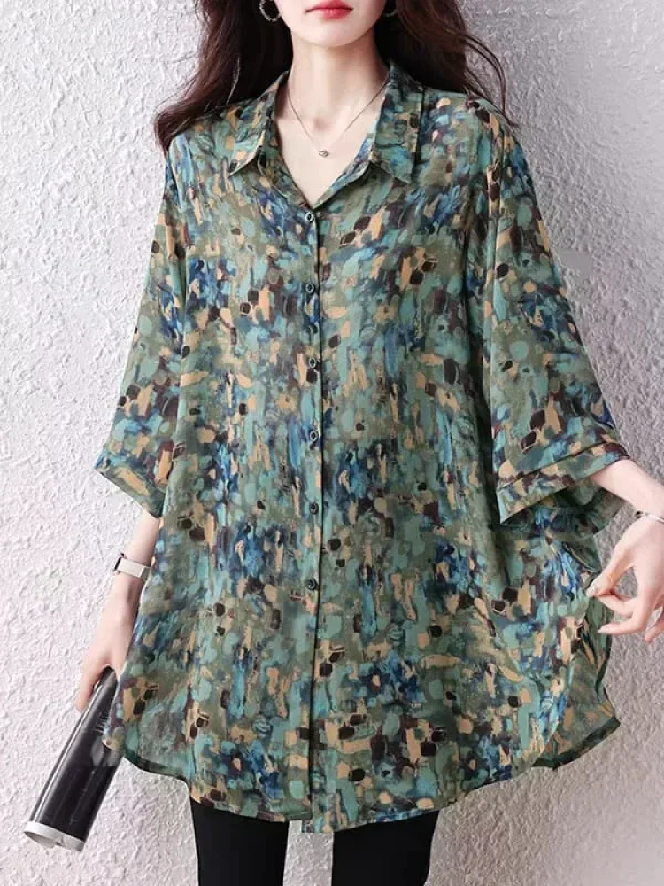ASAYA Atasan kemeja wanita motif floral manis retro