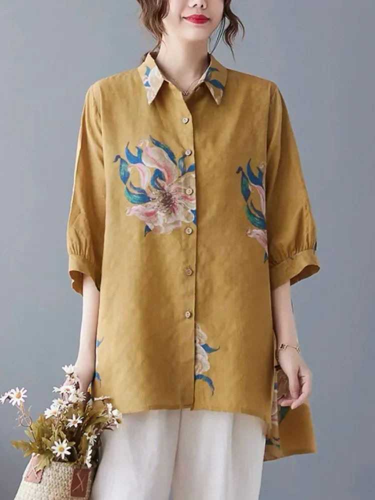 ASAYA Atasan kemeja longgar motif bunga mewah dan kancing sebaris
