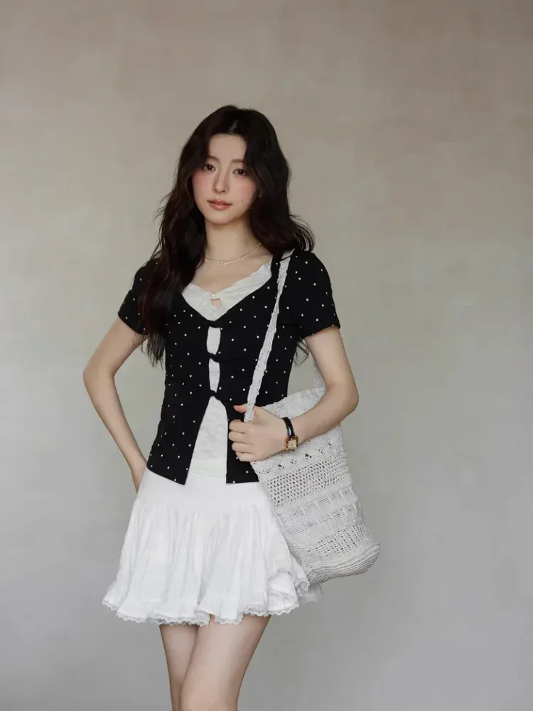 CHICMORE Atasan dua potong palsu lengan pendek t-shirt wanita gaya korea