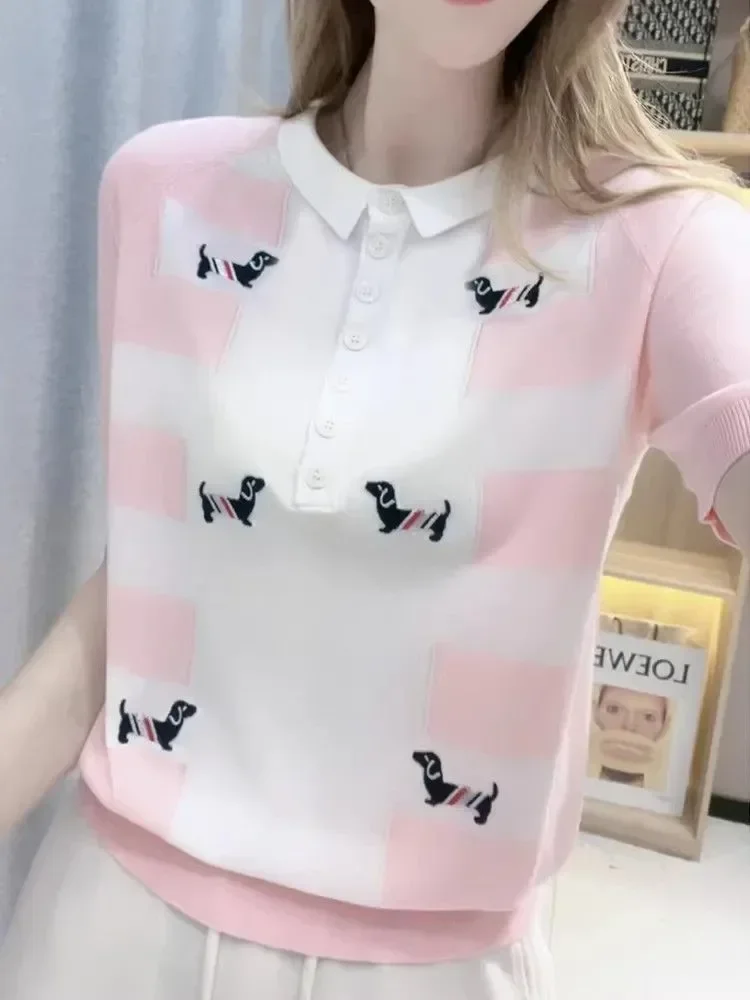 FADFAD Atasan motif bergaris dengan hewan lucu dan model lengan pendek