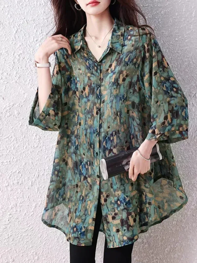 ASAYA Atasan kemeja wanita motif floral manis retro