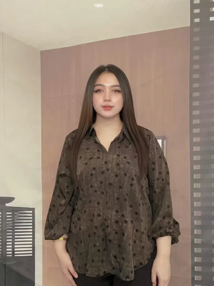 FADFAD Kemeja wanita lengan panjang dengan motif cetak terbaru kasual